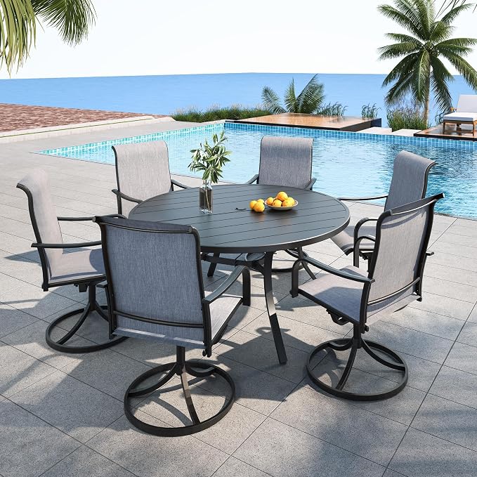 Grey Patio Swivel Rocker Chair and 54" Round Table Oudoor Dining Set 7 Sty2 | 6 Piece Swivel Chairs: High Back, Curved Armrest, Textilene Fabric, Rocking; 6-8 Person 54 inch Metal Round Table