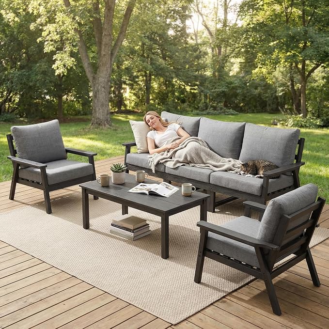 LOUNZY HDPE Patio Furinture Set, 6 Piece Sectional Sofa Outdoor Furniture Set, All Weather Outdoor Couch Set Patio Conversation Set for Deck, Lawn, Black