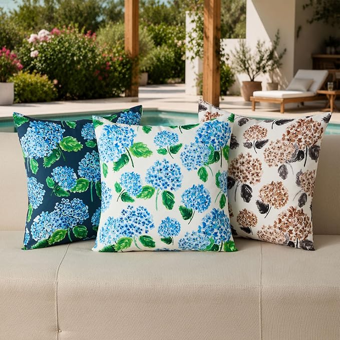 DFXSZ Outdoor Pillow Covers 20x20 Inch Set of 2 Brown Hydrangea Decor Waterproof Throw Pillow Covers Spring Summer Outdoor Waterproof Pillowcases Decor for Patio Funiture Garden Sofa Couch 026C20