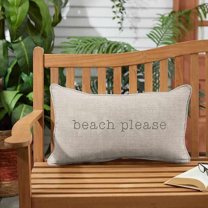 Sorra Home Trupedic Indoor/Outdoor Silver Lumbar Embroidered Pillow Beach Please