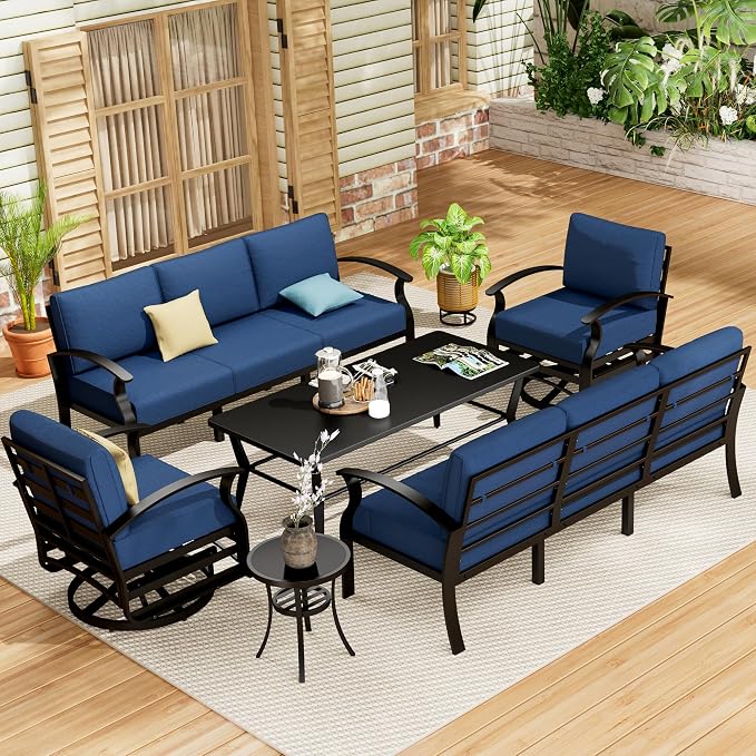 Aluminum Patio Furniture Set with Coffee Table,8 Seats Metal Modern Outdoor Furniture w/5.1" Thick Cushions,Patio Sectional w/Swivel Chairs for Patio,Backyard,Navy