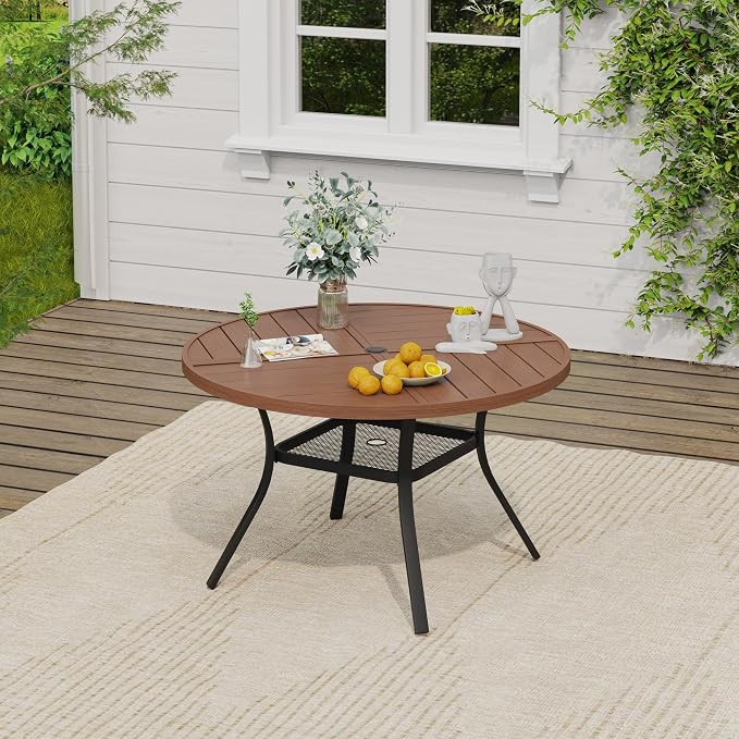 VICLLAX Round Outdoor Patio Dining Set for 4, Metal Slatted Patio Table with Umbrella Hole and 4 Stackable Patio Chairs for Deck Lawn Garden, Brown Fabric and Walnut Tabletop