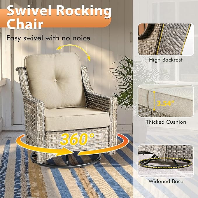 6 PCS Outdoor Patio Furniture Sets,Patio Conversation Sets Outside Rattan Soft Cushion Sofa with 2 Wicker Rocking Chairs & 54 in Fire Pit Table Fit Backyard Porch Garden Poolside Balcony,Beige