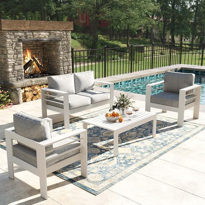 4 Pieces Modern Aluminum Patio Furniture Set, Outdoor Conversation Sets Metal Sectional Sofa with Coffee Table
