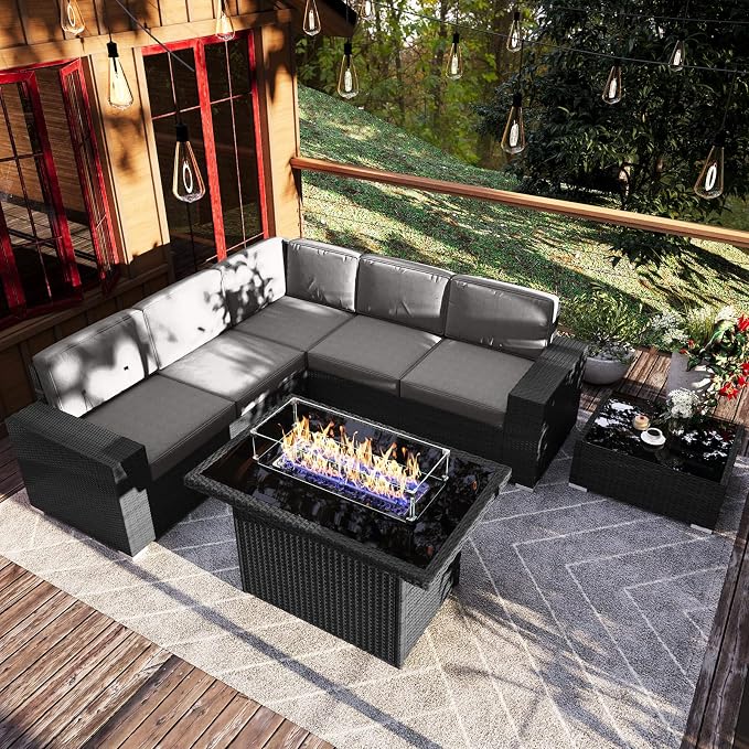 7 Pieces Patio Furniture Set with 44" Propane Gas Fire Pit Table, Outdoor Sectional Wicker Conversation Sofa Sets with Coffee Table