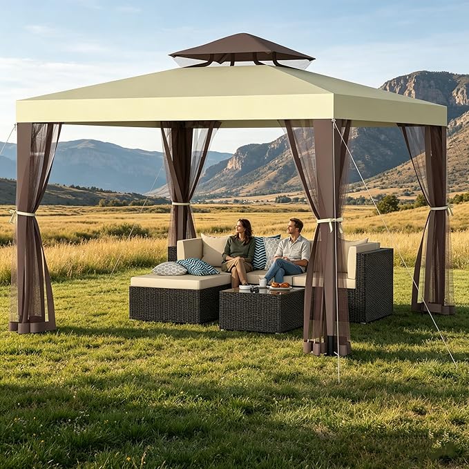 Outdoor Gazebo for Patio, 10×10 Canopy Tent with Mosquito Nettings & Double Roofs, Easy Setup Canopy Shelter for Party, Patio Gazebo for Lawn, Backyard, Garden (Beige, 10'x10')