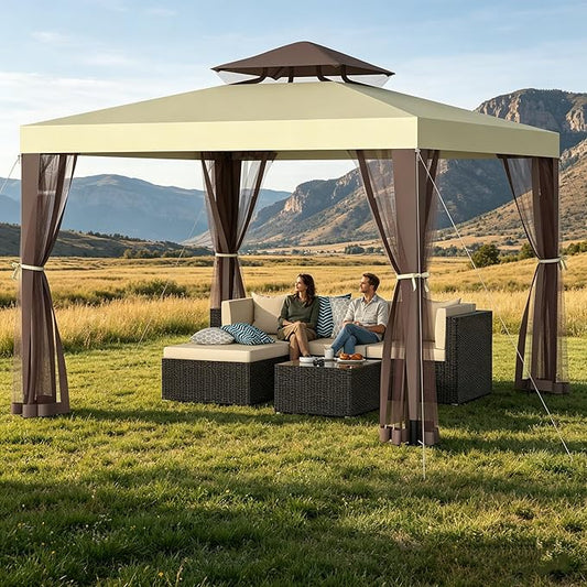 Outdoor Gazebo for Patio, 10×10 Canopy Tent with Mosquito Nettings & Double Roofs, Easy Setup Canopy Shelter for Party, Patio Gazebo for Lawn, Backyard, Garden (Beige, 10'x10')
