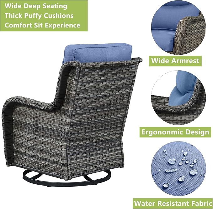 Rilyson Wicker Patio Furniture Set - 5 Piece Rattan Outdoor Sectional Conversation Sets with 2 Swivel Rocking Chairs,2 Ottomans and 1 Side Table for Porch Deck Garden(Mixed Grey/Blue/Smile)