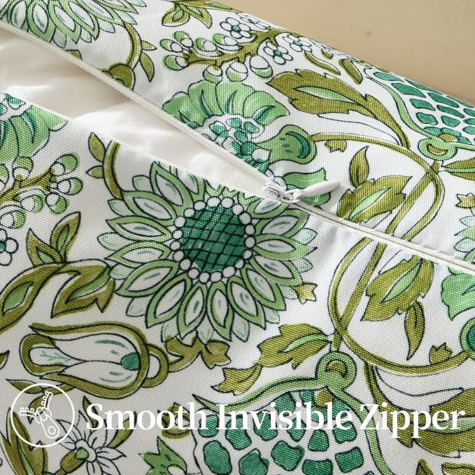 Allorry Outdoor Waterproof Pillow Covers 16x16 Green Floral Outdoor Decor | Set of 2 Vintage Floral Block Print Pillow Cover,Farmhouse Boho Decorative for Spring Summer Outdoor Sofa Bedroom Decor
