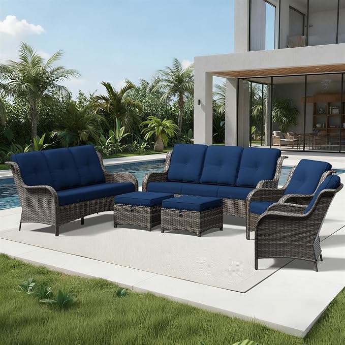 Joyside 6 Piece Wicker Patio Furniture Set, Rattan Patio Chairs with High Back, Deep Seating, Wide Armrest, Thickened Cushions, Outdoor Furniture for Deck, Porch Use
