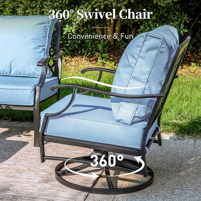 SUNSHINE VALLEY 6 Piece Metal Outdoor Patio Furniture Set, Patio Conversation Sets 1 3-Seater Sofa, 2 Swivel Chair, 2 Leg Chair with 5.75" Thick Cushion and Coffee Table, Backyard Furniture Set, Blue