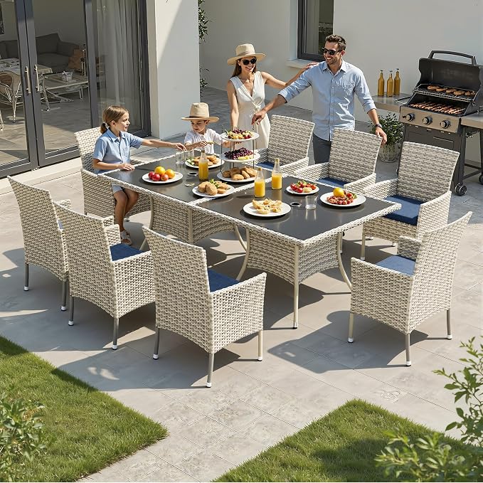 10-Piece Patio Dining Set, Patio Furniture Set with Square Tempered Glass Table & 8 Wicker Chairs, Expandable Design for Larger Groups, Outdoor Furniture for Backyard, Deck, Garden, Navy Blue