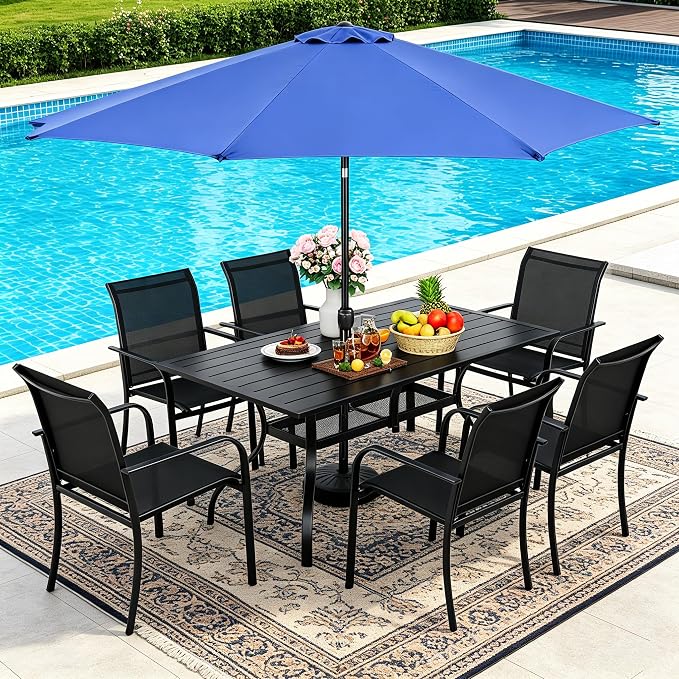SUNCROWN 8 - Piece Outdoor Dining Set, Patio Furniture Set with 6 Textilene Dinning Chairs, 1 Rectangle Metal Table and 1 Dark Blue 9Ft Patio Umbrella for Lawn Garden Backyard Deck, Black