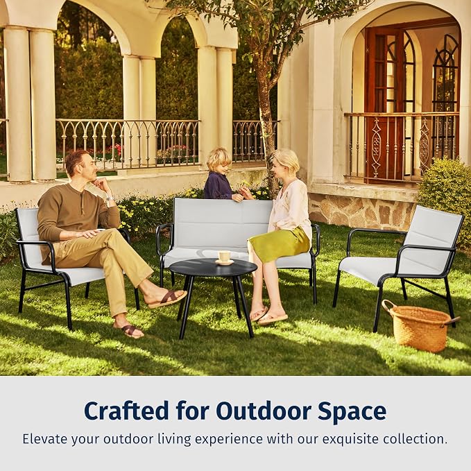 East Oak 4 Seats Outdoor Furniture Set, Waterproof Patio Furniture Set, Patio Loveseat with Coffee Table for Garden or Porch, 4-Piece Patio Conversation Sets for Balcony in Grey