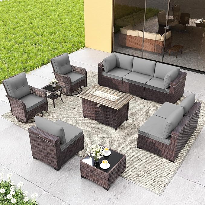 Gotland 11 Pieces Patio Furniture Set with Fire Pit Table Swivel Chairs, PE Rattan Outdoor Furniture with 29.5'' High Backrest 4’’ Thick Cushions, Outdoor Sectional for Porch, Deck, Garden, Grey