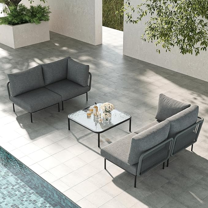 LayinSun 5 Pieces Aluminum Patio Furniture Set, Modern Modular Sectional Sofa with Coffee Table and Upgrade Thickness Cushion