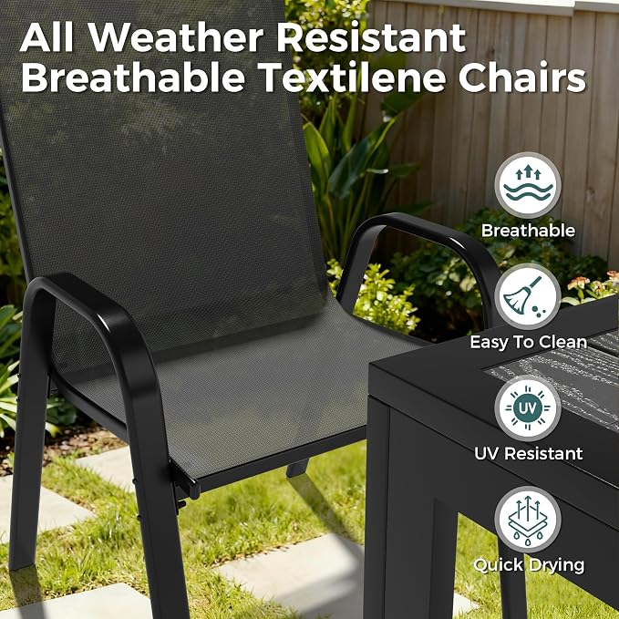 Pamapic Outdoor Dining Sets for 6, Rectangular Steel Slat Table with 6 Textilene Chairs, 7 Piece Patio Table and Chairs Set with Umbrella Hole for Patio, Backyard, Poolside (Black, No Umbrella)