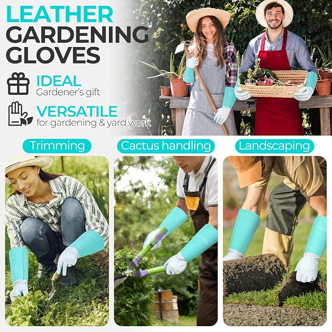 HANDLANDY Rose Pruning Gloves for Men Women, Thorn Proof Gardening Gloves | Long Leather Gardening Gloves, Breathable Leather Gauntlet, Best Garden Gifts & Tools for Gardener (Teal Green, M)