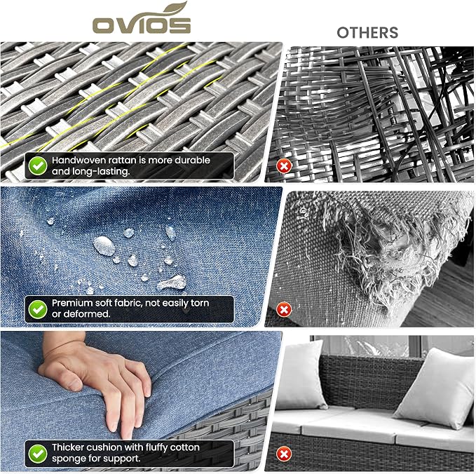 ovios 5-Pieces Patio Furniture Set, Outdoor Wicker Sofa Couch with Chairs Ottomans Comfy Cushions, High Back Modern All Weather Conversation Set, Grey Rattan, Denim Blue