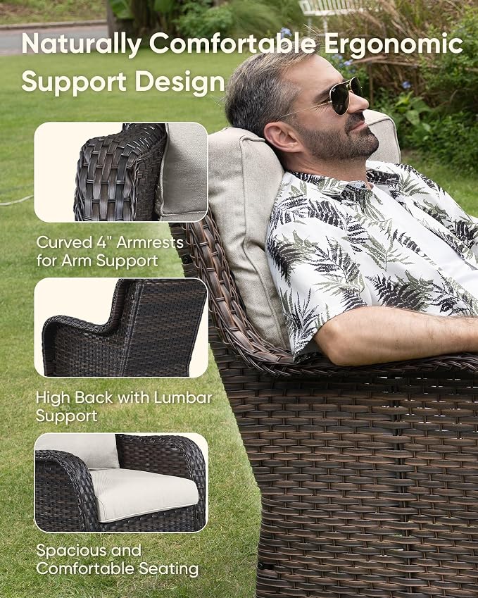HUMMUH Patio Furniture Set with Fire Pit Table 5-Piece Wicker Outdoor Swivel Rocker Patio Chairs High Back Outdoor Couch Conversation Set for Porch, Backyard, Deck