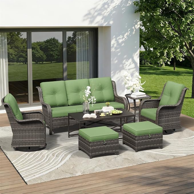 7 Piece Outdoor Wicker Patio Furniture Set, Outdoor Swivel Rocker Patio Chairs Set with Thickened Olefin Cushions, High Back and Deep Seating, Hand-Woven PE Rattan for Porch, Deck