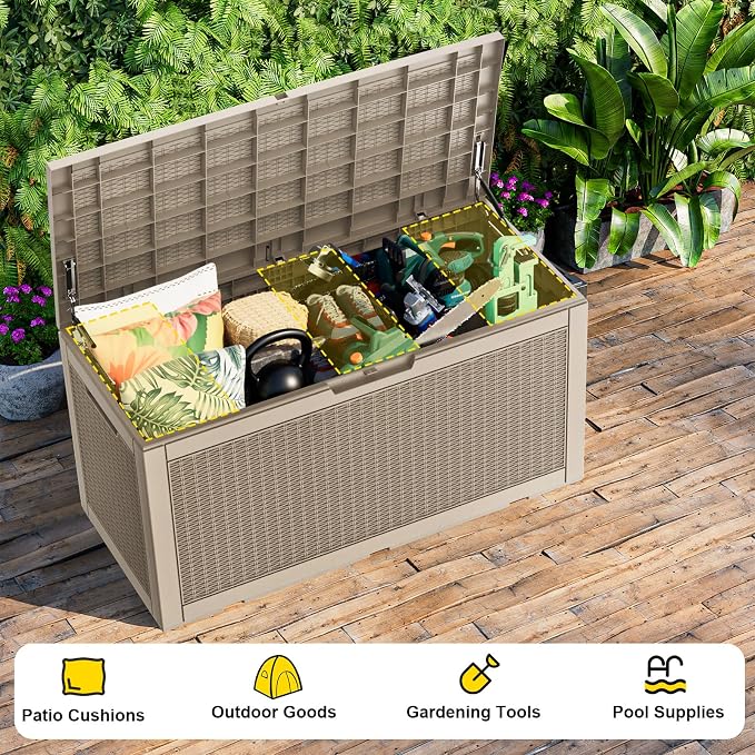 121 Gallon Outdoor Storage Box - Deck Box Waterproof Patio Furniture, Garden Tools, Cushions, Pool Accessories Outside Storage Resin Box, Grey