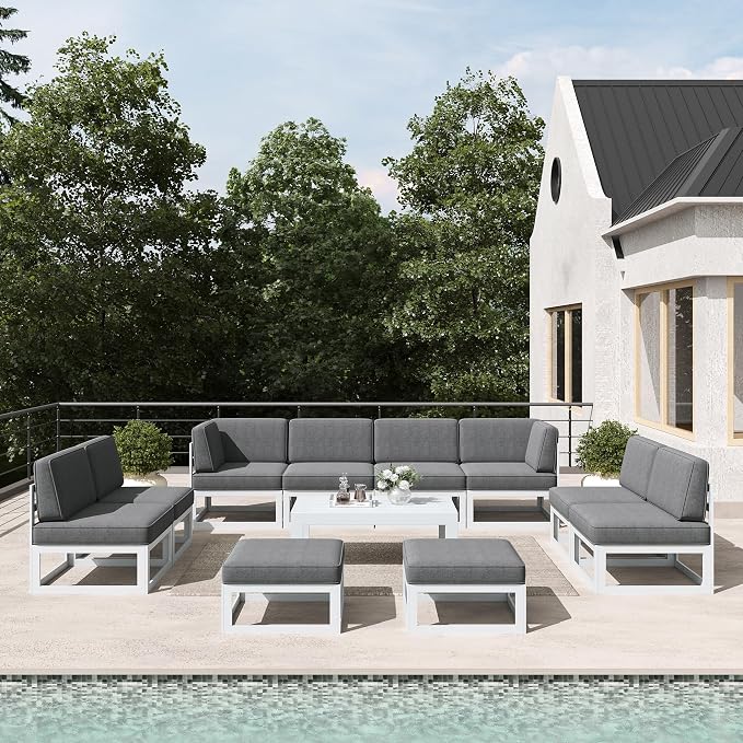 LayinSun 11 Pieces Modern Aluminum Patio Furniture Set with Coffee Table, Outdoor Modular Sectional Conversation Set L-Shaped Sofa for Backyard