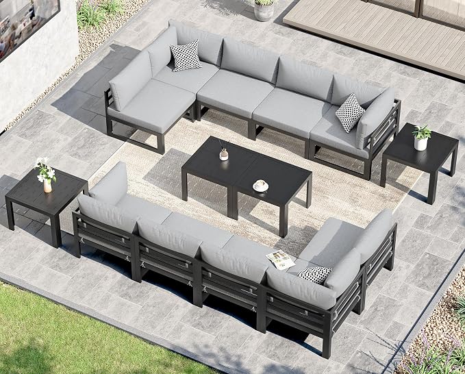 NICESOUL 14 Piece Modern Aluminum Outdoor Patio Furniture Set with Coffee Table, Extra Large L Shaped Modular Sectional Couch, 29" Wide Deep Seating Conversation Sofa for Terrace Exterior, Light Gray
