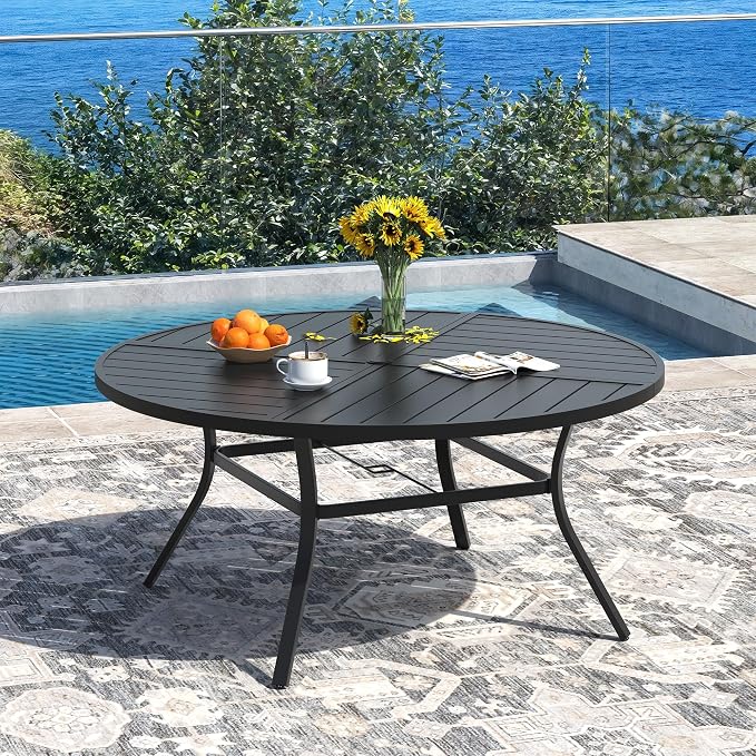 DIFY Patio Table and Chairs Set for 6, 7 Piece Outdoor Dining Set, 53.1" Black Round Metal Dining Table with Umbrella Hole and 6 Dark Grey Textilene Swivel Patio Chairs, for Garden Backyard Deck