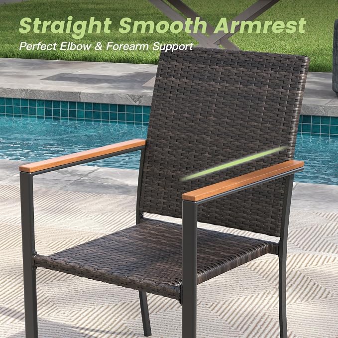 Round Patio Dining Set for 6, 47.2" Round Metal Table with Umbrella Hole and Stackable Wicker Patio Chairs, Outdoor Furniture Set for Deck Backyard Garden, Walnut Chairs, Black Table