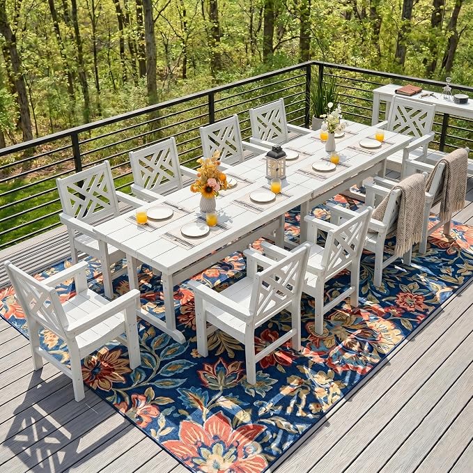 HDPE Dining Table Set for 10,12-Piece Outdoor Table and Chairs Include 10 Dining Chairs and 2 Pcs 62.5" Patio Dining Table with Umbrella Hole (White)