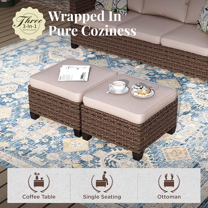 MIXPATIO OutdoorPatio Furniture Set, 6 Pcs Wicker Patio Conversation Set, 2 x Swivel Chairs, 1 x 3 Seater Sofa, 1 x 2-Seat Lover Sofa and 2 x Ottomans with 4" Thick Cushion, Beige