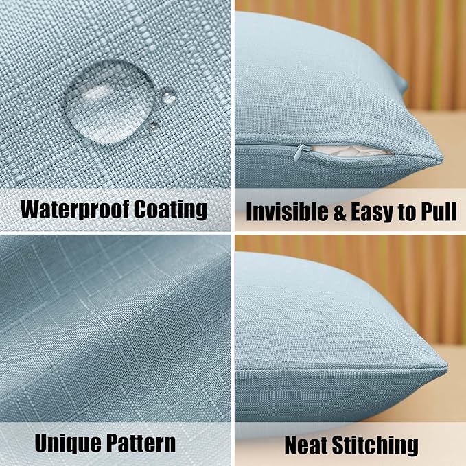 NiNi ALL Waterproof Outdoor Pillow Covers 18x18 Set of 2 Patio Light Blue | Faux Linen Textured Decorative Solid Throw Pillow Covers Farmhouse for Garden Furniture Tent Balcony Couch Sofa Cushion