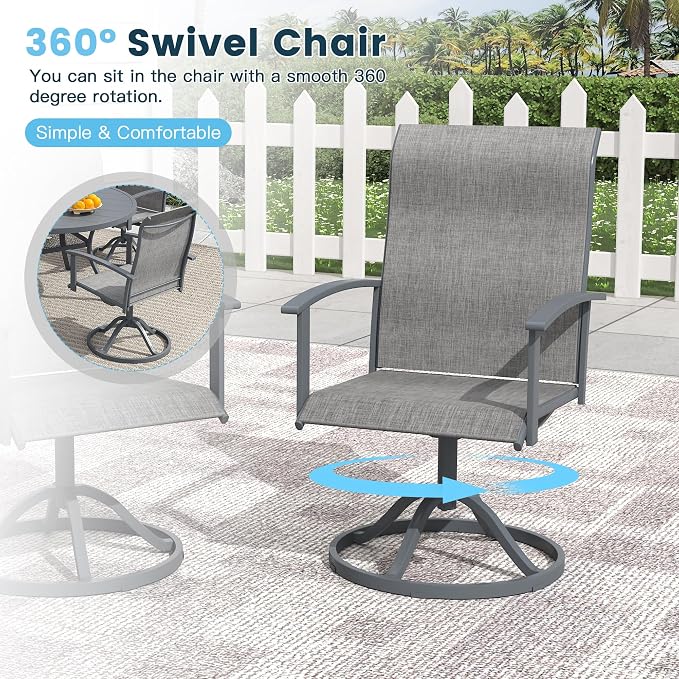 9 Pieces Outdoor Patio Dining Table Set, 60" All Weather Round Metal Table with Umbrella Hole and 8 High Back Textilene Swivel Chairs for Garden, Lawn, Poolside, Grey