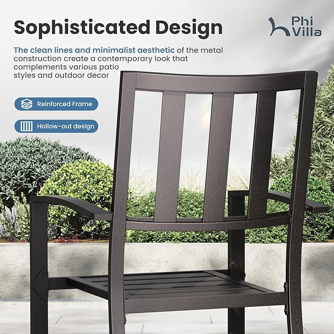 PHI VILLA 5pc Outdoor Table and Chairs,37" Square Table w/Umbrella Hole | Perfect for patio,deck,porch,backyard.Includes 1 black square metal table and 4 stackable wrought iron chairs