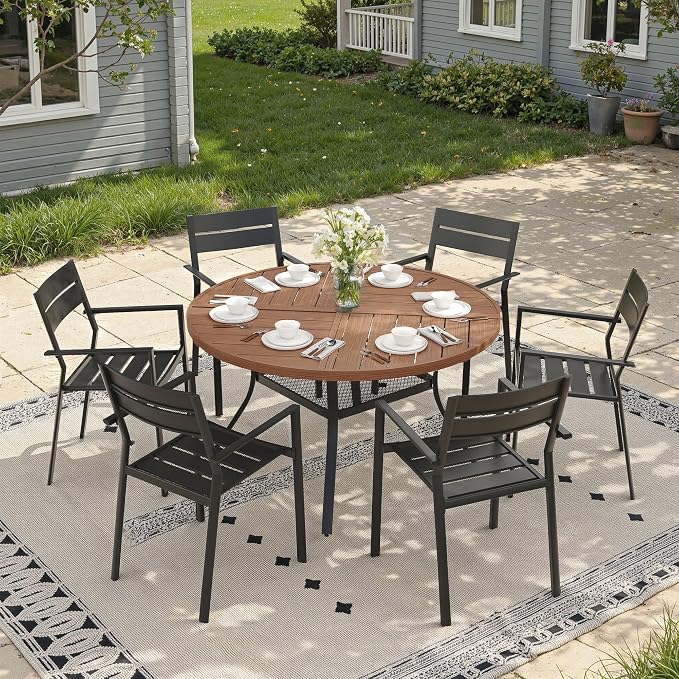 Patio Dining Set for 6, Round 47.3" Patio Dining Table and Stackable Outdoor Dining Chairs Outdoor Furniture for Backyard Porch Deck, Spliced Walnut Table and Black Chairs