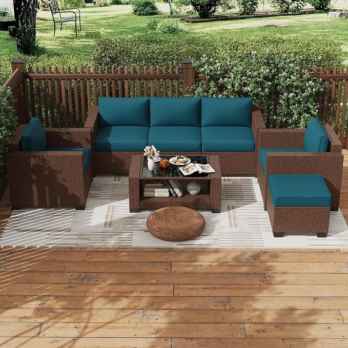 KIGOTY Patio Furniture Set 7 PCS Patio Conversation Sets, All-Weather PE Rattan Outdoor Sectional Sofa with Cushion and 2- Tier Glass Coffee Table（Brown/Peacock Blue）