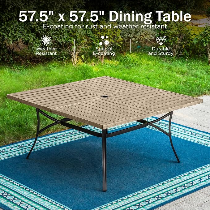 PHI VILLA 9 Pcs Outdoor Dining Set, 57.5" Square Brown Table | 57.5”Black Metal Table w/Umbrella Hole&Stackable Iron Chairs, Large Outside Furniture Set for Deck, Yard, Porch