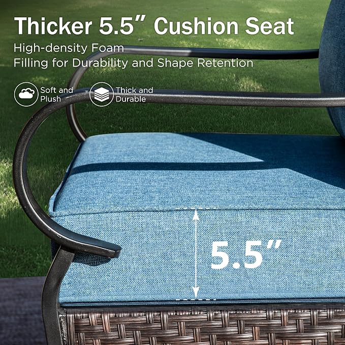 PHI VILLA Outdoor Modern Patio Furniture Set, Upgraded Wicker & Metal Patio Conversation Set with Waterproof Thick Cushions for Porch, Poolside, Yard (4 Pieces,Navy)
