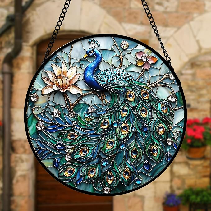DASTOLL Stained Glass Window Hanging, Blue Peacock Decoration Suncatcher for Door Garden Home Flower Bird Sun Catchers Christmas Mother's Day Birthday Gifts for Women Men Mom Nana Friend 11.8 in