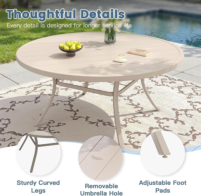 DIFY 11 Piece Outdoor Patio Dining Set for 10, Patio Table and Chairs Set with Umbrella Hole, 63" Round Dining Table and Stackable Metal Chairs for Backyard Garden Poolside, Sandshell