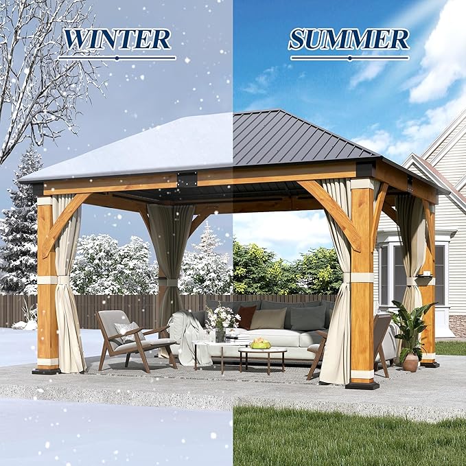 COVERONICS 11' x 13' Outdoor Wood Gazebo with Galvanized Steel Roof, Heavy-Duty Spruce Wood Frame Patio Hardtop Gazebo with Netting & Curtains for Backyard, Deck, Poolside, Garden