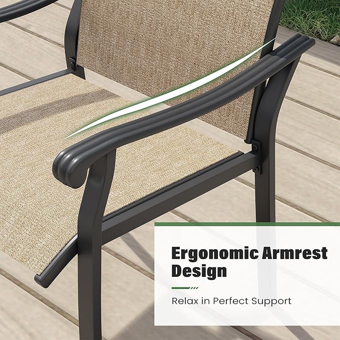 UDPATIO 5 Piece Outdoor Patio Table and Chairs Set for 4, 37" Black Square Table with Umbrella Hole, Metal Brown Patio Chairs Set of 4, Patio Table with Chairs, Outdoor Patio Dining Set for Lawn