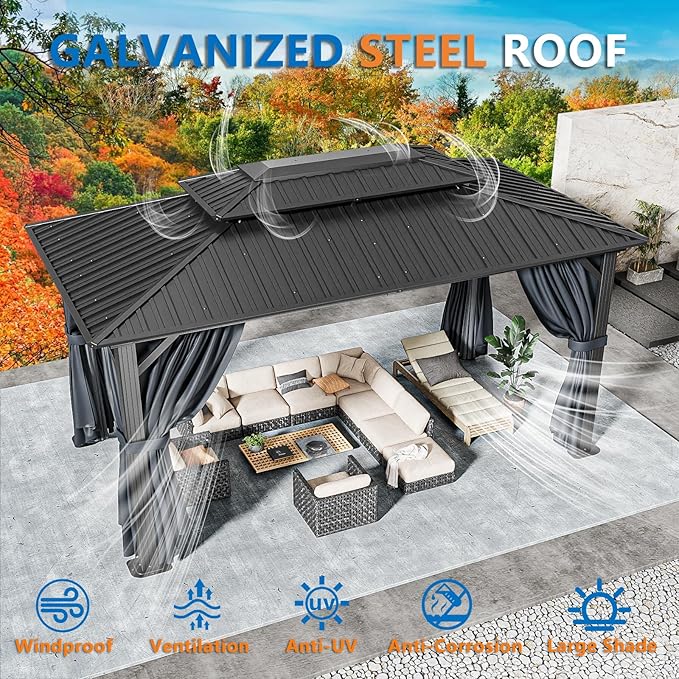 HOTEEL 10x15 Hardtop Gazebo On Clearance with Heavy Duty Galvanized Steel Metal Roof, Patio Hard Top Gazebo with Curtains & Netting,Outdoor Permanent Hot tub Gazebo Pavillon for Backyard,Deck,Black