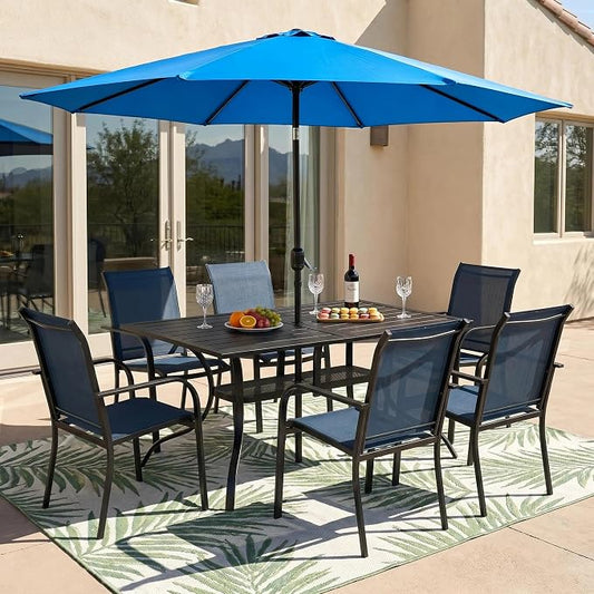 Crownland 7 Piece Patio Dining Set, Outdoor Textilene Dining Sets, 6 Textilene Metal Chairs and Rectangular Outdoor Dining Table with Sky Blue 9FT Round Outdoor Umbrella (Blue)