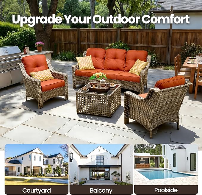 4 Piece Outdoor Patio Furniture Set, All Weather Waterproof Wicker High Back Conversation Set, Two Single Chairs, Solar Light Coffee Table, Outside Furniture for Porch Balcony, Orange