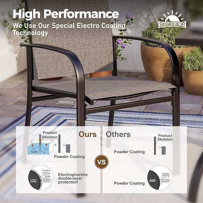 SUNSHINE VALLEY 7 PCS Patio Dining Set for 6, Rectangular Metal Table with Umbrella Hole, 6 x Brown Dining Chairs, Outdoor Table and Chairs Set for Lawn Backyard and Deck