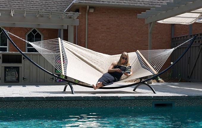Vivere Quick-Drying Phifertex Fade Resistant Double Poolside Hammock with Spreader Bars (Taupe)