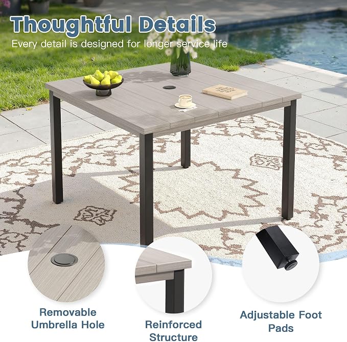 DIFY 5 Pieces Outdoor Patio Dining Set for 4, 40.2" Grey Wood-Like Square Metal Dining Table and 4 Sandshell Metal Stackable Dining Chairs, Outdoor Table and Chairs for Lawn Garden Poolside