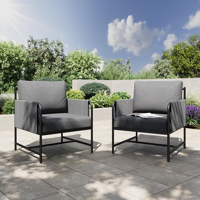 PHI VILLA Patio Furniture Metal Armchair,2 PCS All-Weather Outdoor Contemporary Sofa Chair,Black Frame with Cushion（Backyard ICON Collection）